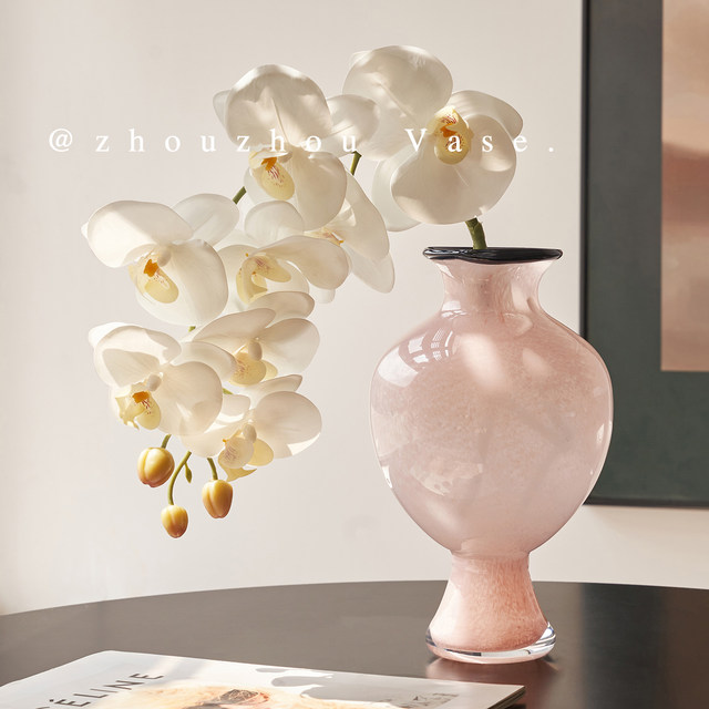 
Zhouzhou's pink glass vase, small mouth and big belly vase, new Chinese style water-raised tall-footed flower ware, home glass ornaments