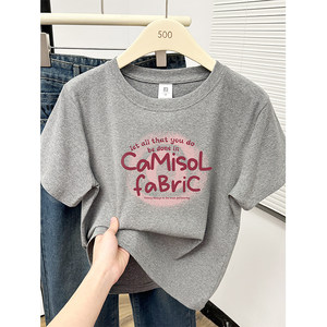 
American printed front shoulder short-sleeved T-shirt for women 2025 new summer large-size women's clothing slim design fat mm top