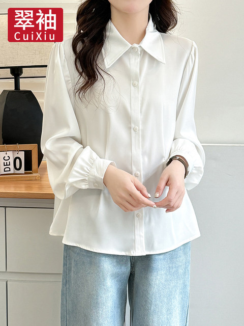 Green sleeves large size women's fat mm white shirt for women 2025 new spring high-end feeling waist-hugging slim long-sleeved top
