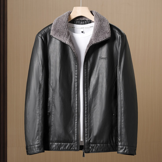 
H withdrawal cabinet! Wool energy gathering + windproof PU leather! Winter men's jacket plus velvet thickened black leather jacket