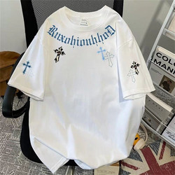 American High Street Cross Letter Print Short-Sleeved T-Shirt for Men and Women, Summer Trendy Brand Design, Loose Pure Cotton Top