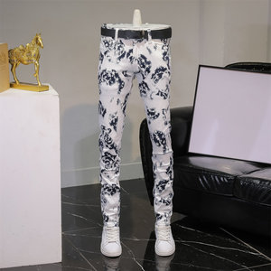 
Spring and summer new style personalized printed jeans for men, trendy casual trousers for spring and autumn, versatile slim-fitting floral trousers for small feet