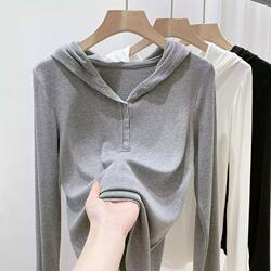 Feiqiao Early Autumn Recommendation~ Gray Hooded Long-Sleeve T-Shirt, New Autumn Women's Versatile Korean Style Slimming Top