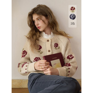 
SimpleRetro Senna Rose French retro rose jacquard knitted cardigan women's spring lazy sweater jacket