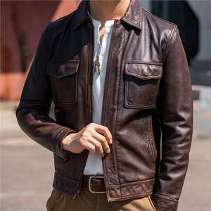 
American retro khaki leather jacket for men with cowhide pattern lapel motorcycle jacket short slim jacket for trendy men
