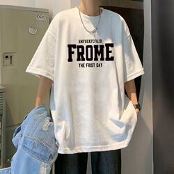 Trendy Brand 100% Pure Cotton Letter Short-Sleeve T-Shirt for Men, Summer Loose Fit, Large Size, Cool American Style Couple's Top