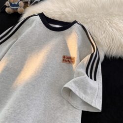 100% Heavyweight Pure Cotton T-Shirt, American Retro Sports Three-Stripe White and Gray Short-Sleeve T-Shirt for Men, Summer Trendy Brand Loose Top