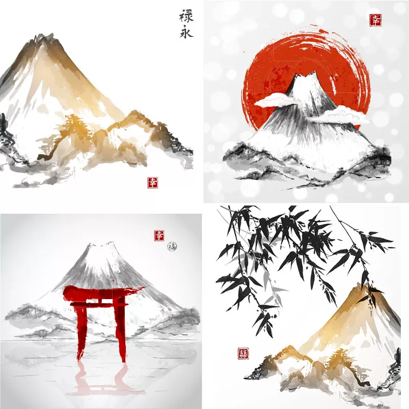 日本和风水墨画富士山背景图风景纸张底纹eps矢量设计素材ai