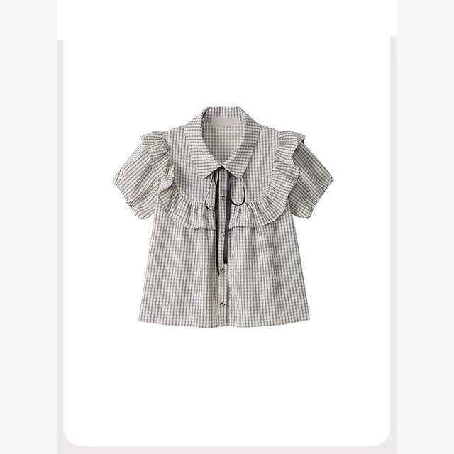 Design-sensory bow polo collar doll shirt top for women plaid ruffles to make them look slim short-sleeved T-shirt 2025 new style
