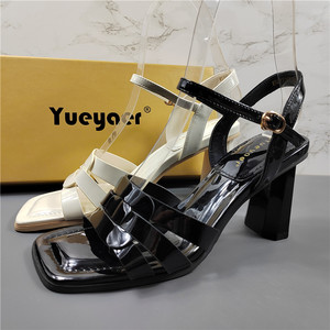 
Yueyaer counter genuine leather sandals for women 2025 summer new thick heel one-length strip square toe fashion shoes