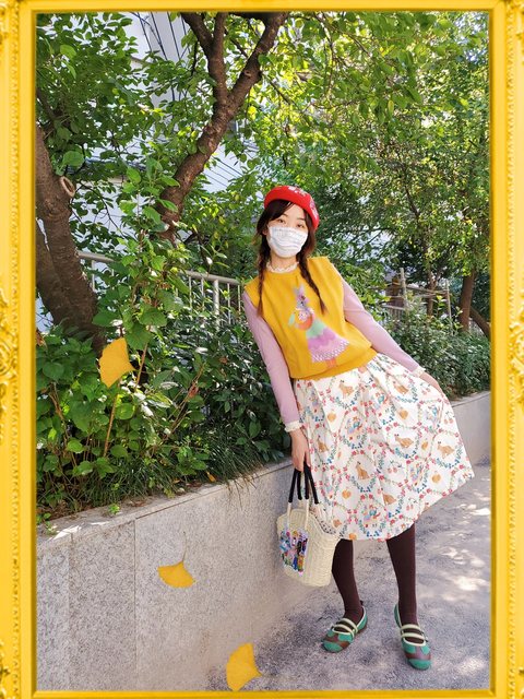 Spot skirt printed spring and autumn beige sweet midi skirt pleated women's style pastoral Japanese rabbit cat