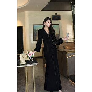 
Ukefeier Original Niche Light Luxury High-Customer Acetate Ladies Temperament V-neck High-waist Slim Dress