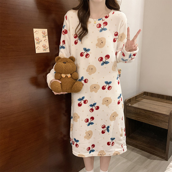 2025 new coral velvet nightgown for women, spring, autumn and winter plus velvet thin cartoon flannel home skirt long over the knee