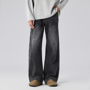 
JIINOO American black and gray straight loose jeans for men and women heavy industry water washing hand-wiping casual trousers