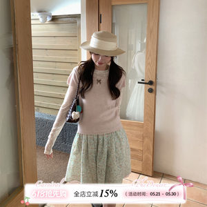 TheDouerr girly pink bow square round neck stacked knitted short-sleeved T-shirt