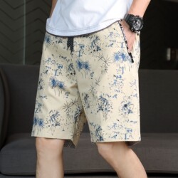 2026 Summer New Men's Fashion Brand Fireworks Print Khaki Beach Shorts Men's Straight Casual Shorts