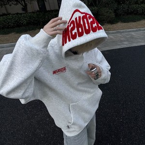 美式高街毛巾刺绣加绒连帽卫衣男秋冬情侣装宽松纯棉帽衫外套女潮