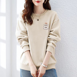Big Brand Jimo Sweatshirt for Women, 100% Pure Cotton, Loose Fit, Slimming, Round Neck Top, Casual Versatile Fleece-Lined Autumn and Winter Jacket