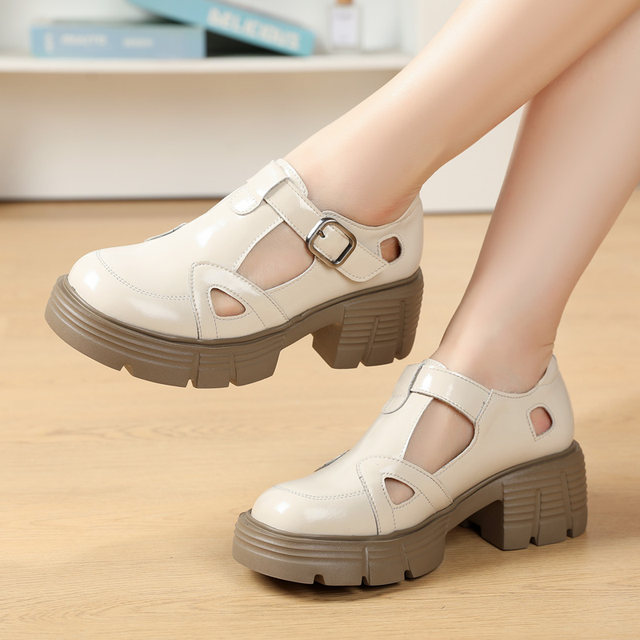 Genuine leather thick sole sandals for women new 2025 toe thick high heels for women summer hollow sponge cake shoes small single shoes