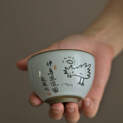 Jingdezhen Hand-Painted Tang Bohu's Phoenix and Bird Pecking at Rice Image Ru Porcelain Ceramic Tea Cup Master Cup Tasting Cup