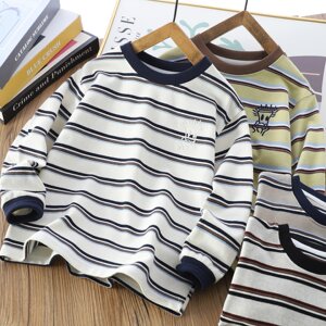 
Boys' spring striped long-sleeved T-shirt 2026 new children's round neck style tops medium and large children's casual t-shirt