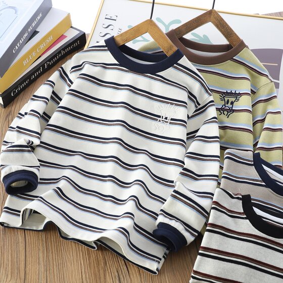 
Boys' spring striped long-sleeved T-shirt 2026 new children's round neck style tops medium and large children's casual t-shirt