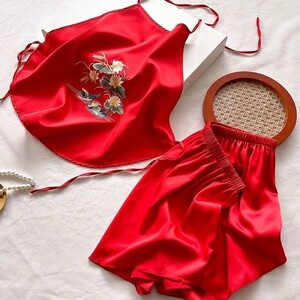 
Su embroidery red bellyband adult ice silk retro style sexy pajamas women's underwear silk suit suspender summer