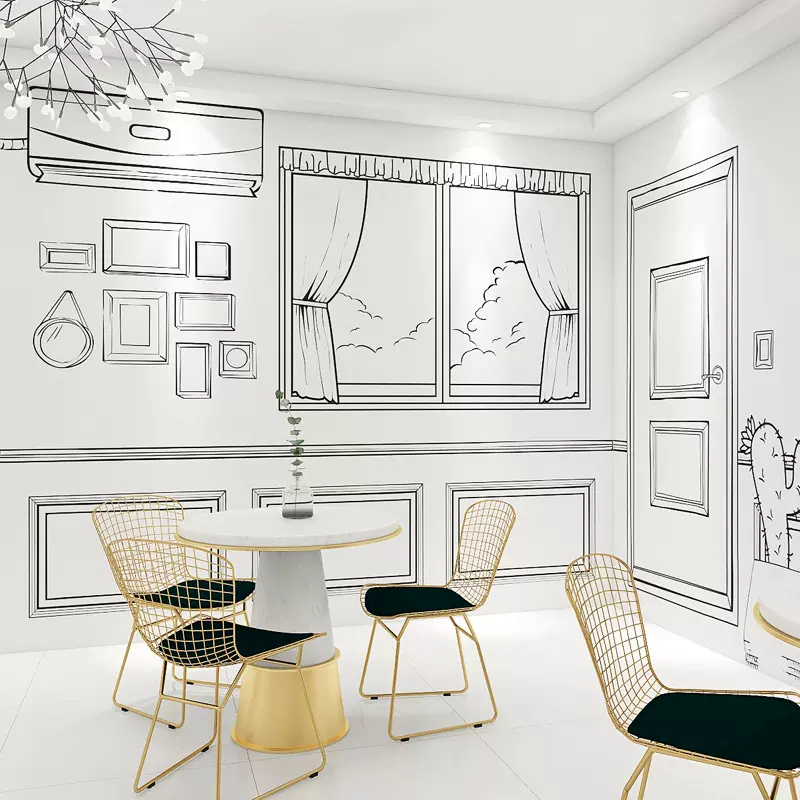 北欧简约二次元黑白漫画壁纸墙布奶茶店网红拍照背景艺术