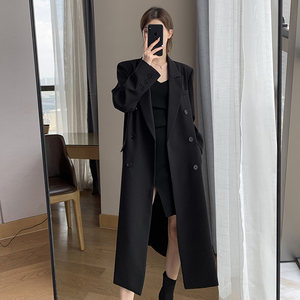 
Black tall extended version suit windbreaker jacket for women with high-end 2024 spring and autumn super long shoulder coat