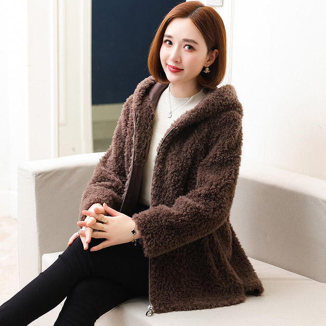 Karovya fashionable lamb fur coat women's mid-length hooded Korean ...