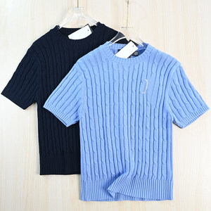 
Siqi Women's American Single Embroidery Letter Cotton Thread Thick Needle Cable Round Neck Slim Fit Casual Short Sleeve Sweater