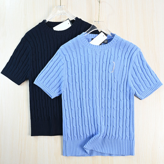 
Siqi Women's American Single Embroidery Letter Cotton Thread Thick Needle Cable Round Neck Slim Fit Casual Short Sleeve Sweater