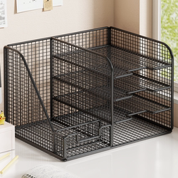 Desk Storage Rack Multi-Layer Large Capacity Office Supplies File Storage Box Metal File Rack File Storage Rack Desk Book Stand File Frame A4 Paper Document Organizer Bookshelf