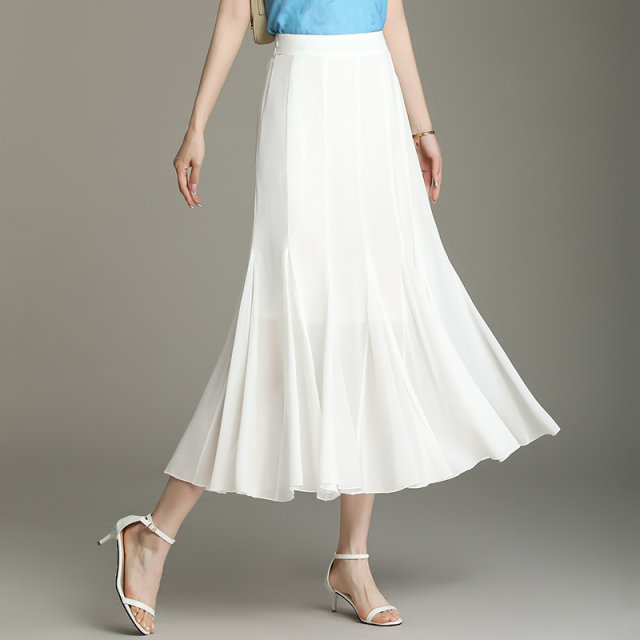 Switching fishtail design feels smooth and elegant chiffon skirt female summer high waist A -shaped thin bloom skirt
