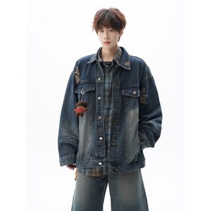 
American trendy brand retro denim jacket for men in spring and autumn, loose, ripped, high-end, handsome, lapel work jacket, trendy