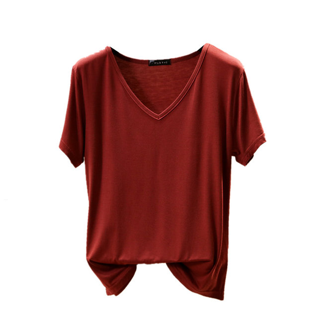 V Neck Short Sleeved T Shirt Womens Modal Loose Summer Thin Solid