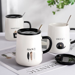 Mug Ceramic with Lid Spoon Drinking Cup Creative Trendy Men and Women Couple Home Office Breakfast Coffee Cup