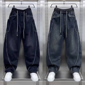 
2025 Autumn and Winter Warm Jeans Men's Trendy Scimitar Pants American Casual Washed Retro Overalls