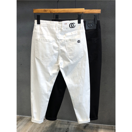 Summer new elastic tide brand white jeans men's slim feet Korean trend high -end high -end nine -point pants men