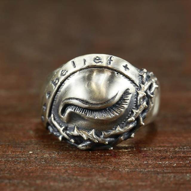 Niubun Seiko Mad Graffiti Frosted Atomized Old Retro 925 Sterling Silver Eye of Thorns Ring for Men and Women