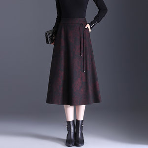 
Printed woolen a-line skirt for women autumn and winter 2025 new high-waisted hip-covering slim skirt mid-length temperament umbrella skirt