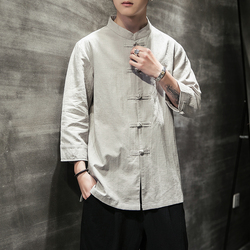 Chinese Style Tang Suit Buckle Linen Shirt Chinese Style Three-quarter-sleeve Cotton And Linen Shirt Retro Short-sleeved Men's Top Clothes