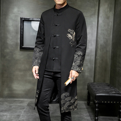 Autumn Mid-length Men's Hanfu: Embroidered Windbreaker Tang Suit Jacket, Chinese Style Coat - Retro Long Gown