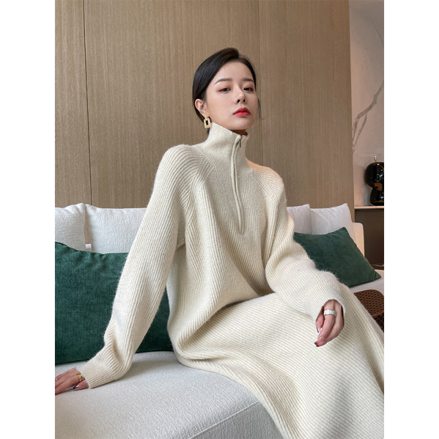Autumn and winter half -high neckline thin dress female micro -fat size fat MM medium long loose and loose meat lazy wind knitted skirt