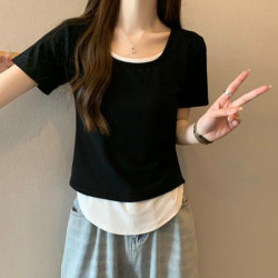 Plus-Size Square-Neck Patchwork Faux Two-Piece Short-Sleeve T-Shirt for Women, Summer Style for Curvy Figures, Tummy-Concealing, Slimming, Regular Shoulder, Versatile Knit Top