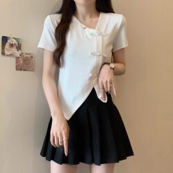 Plus-Size Designer New Chinese-Style Button Short-Sleeve T-Shirt for Women, Summer New Style, Stylish and Slimming Top for Plus-Size Women