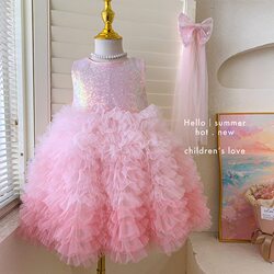 Girls' Vest Cake Dress Summer Gradient Color Sweet Stylish Bowknot Tulle Dress First Birthday Dress