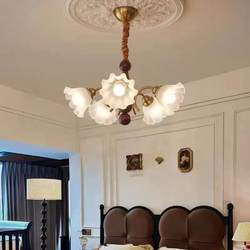 American Retro Living Room Chandelier, French Romantic Lily of the Valley Flower Glass, Antique Solid Wood High-End Bedroom and Dining Room Lighting Fixtures