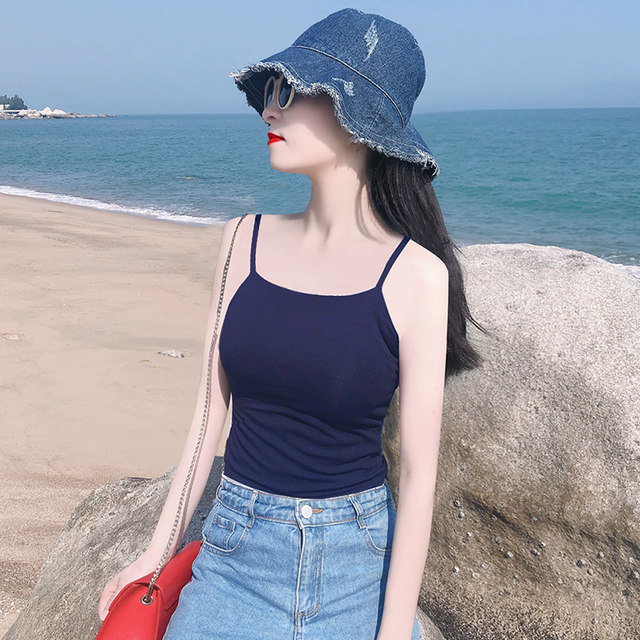 Hot girl's navy blue pure cotton tube top small camisole with summer outer wear and versatile sexy top with beautiful back