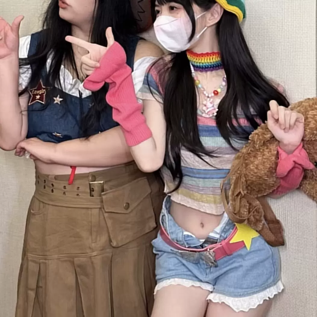 抖音网红蔡萝莉同款彩色条纹方领短款针织衫夏日多巴胺女穿搭上衣-Taobao